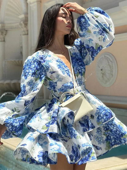 Elegant Flower Printed Ruffles Layered Dress