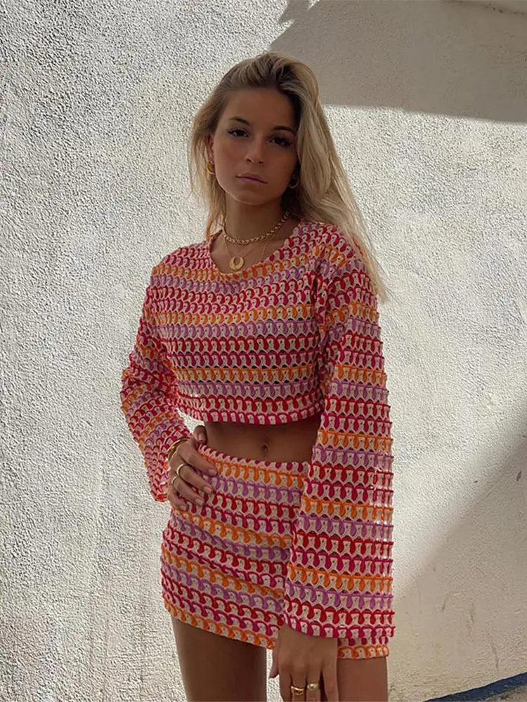 Colorful striped pullover two piece set