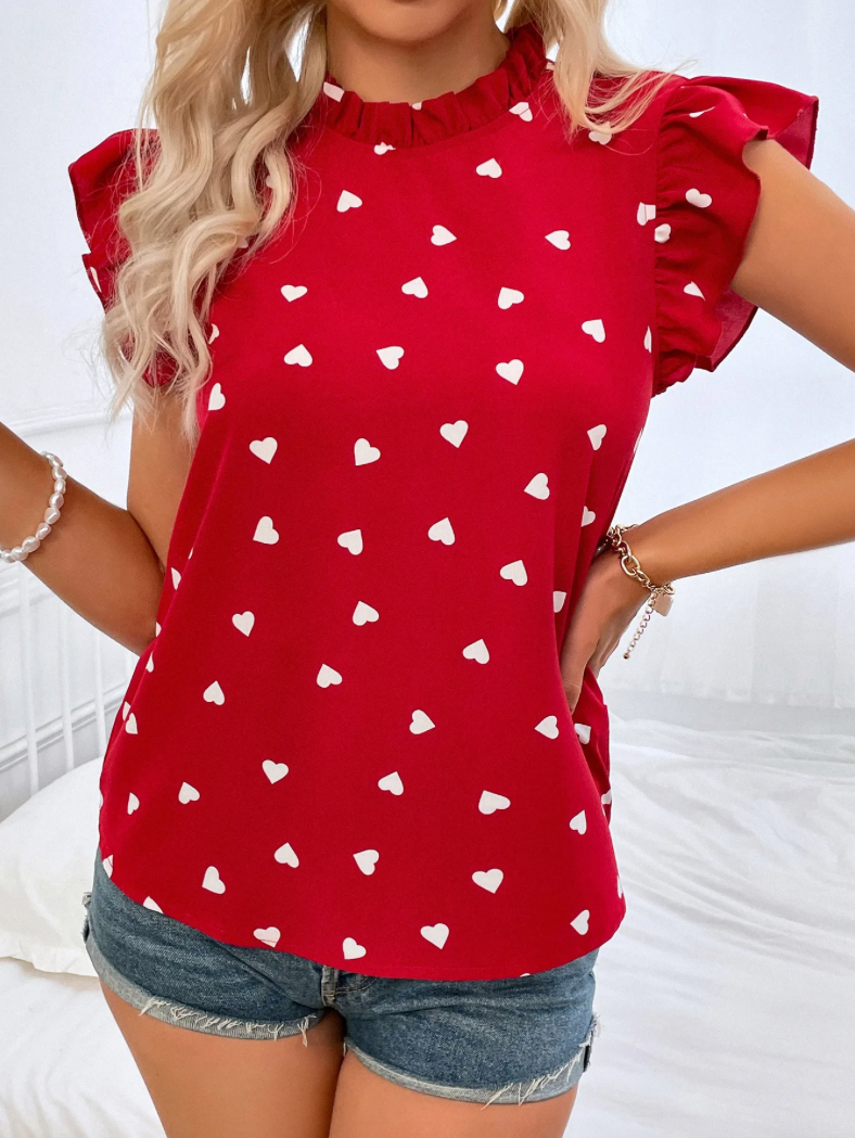 Heart o-neck ruffle blouse