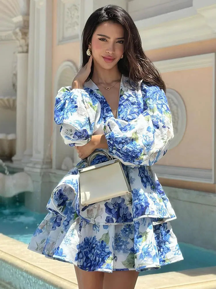 Elegant Flower Printed Ruffles Layered Dress